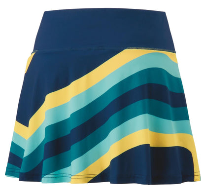 Introducing the Yonex 26121EX Women's Tennis Skort in Indigo Marine, designed with a wide waistband and diagonal stripes in vibrant shades of yellow, teal, blue, and green on a dark blue background. This skort features Yonex's VeryCool technology to ensure optimal comfort.
