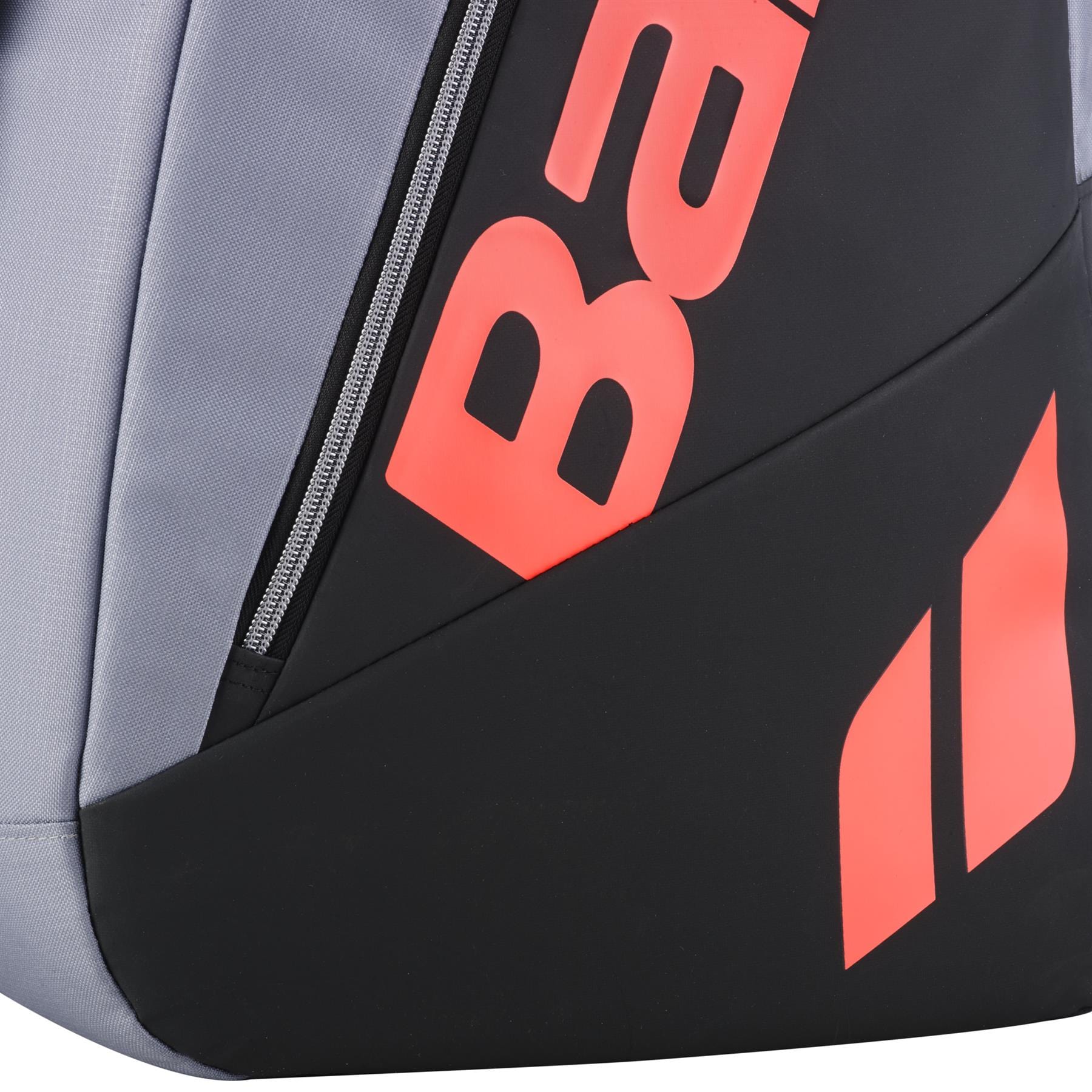 Close-up of the Babolat RH6 Pure Strike 6 Racket Tennis Bag in carbon grey and black, featuring a waterproof design, red zipper, bold red “BA” lettering, and a red geometric logo on the lower right side.