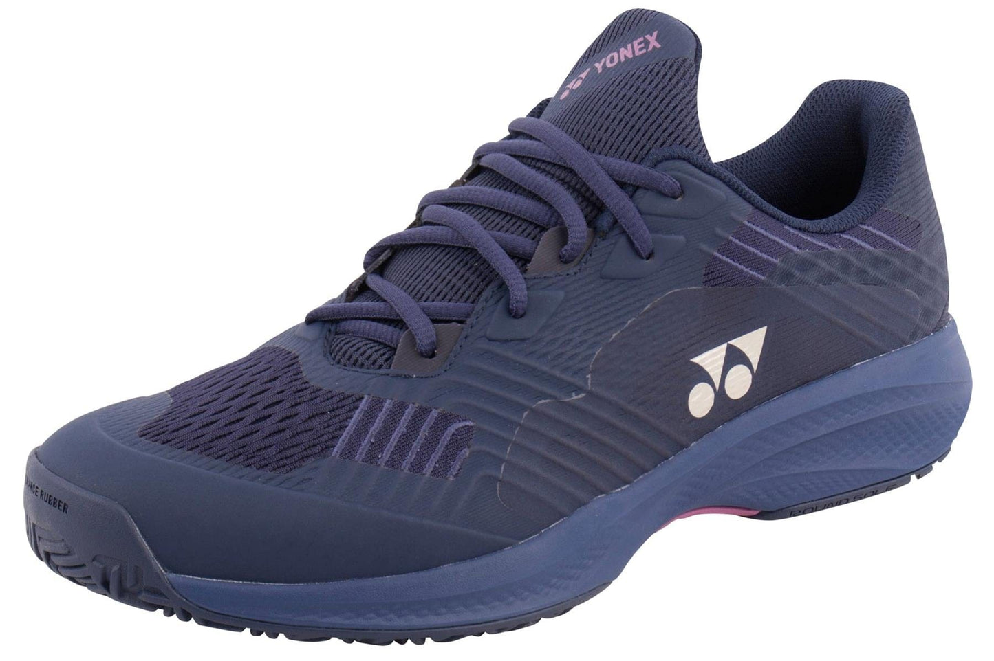 A Yonex Power Cushion Sonicage Wide Tennis Shoe in dark navy with purple accents, a white Yonex logo on the side, textured sole, and dark laces, shown from a front-side angle against a white background.