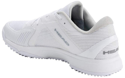 The HEAD Sprint Pro 4.0 Women's Grass Court Tennis Shoes in White/Grey feature a lightweight, breathable design and textured sole, with "HEAD" branding on the side and heel, displayed at a rear-side angle on a white background.