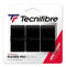 The Tecnifibre Players Pro Tennis Overgrip, available in a three-pack of black grips, is packaged with a white background accented by red and blue details, prominently showcasing text that highlights their "optimal absorption.