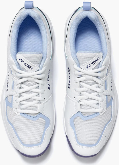A pair of Yonex Pro-Move Classic Men's Tennis Shoes in White/Sax, shown from above, features lightweight mesh uppers, white laces, Yonex logos on the tongue and side, and Power Cushion technology for superior comfort.