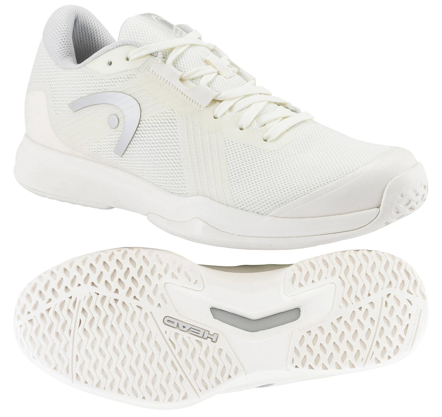 A pair of HEAD Sprint Team 4.0 Women's Tennis Shoes in Chalk White/Light Grey, featuring mesh uppers, textured rubber soles with wavy tread and sole logo; one shoe shown side view, the other bottom view.