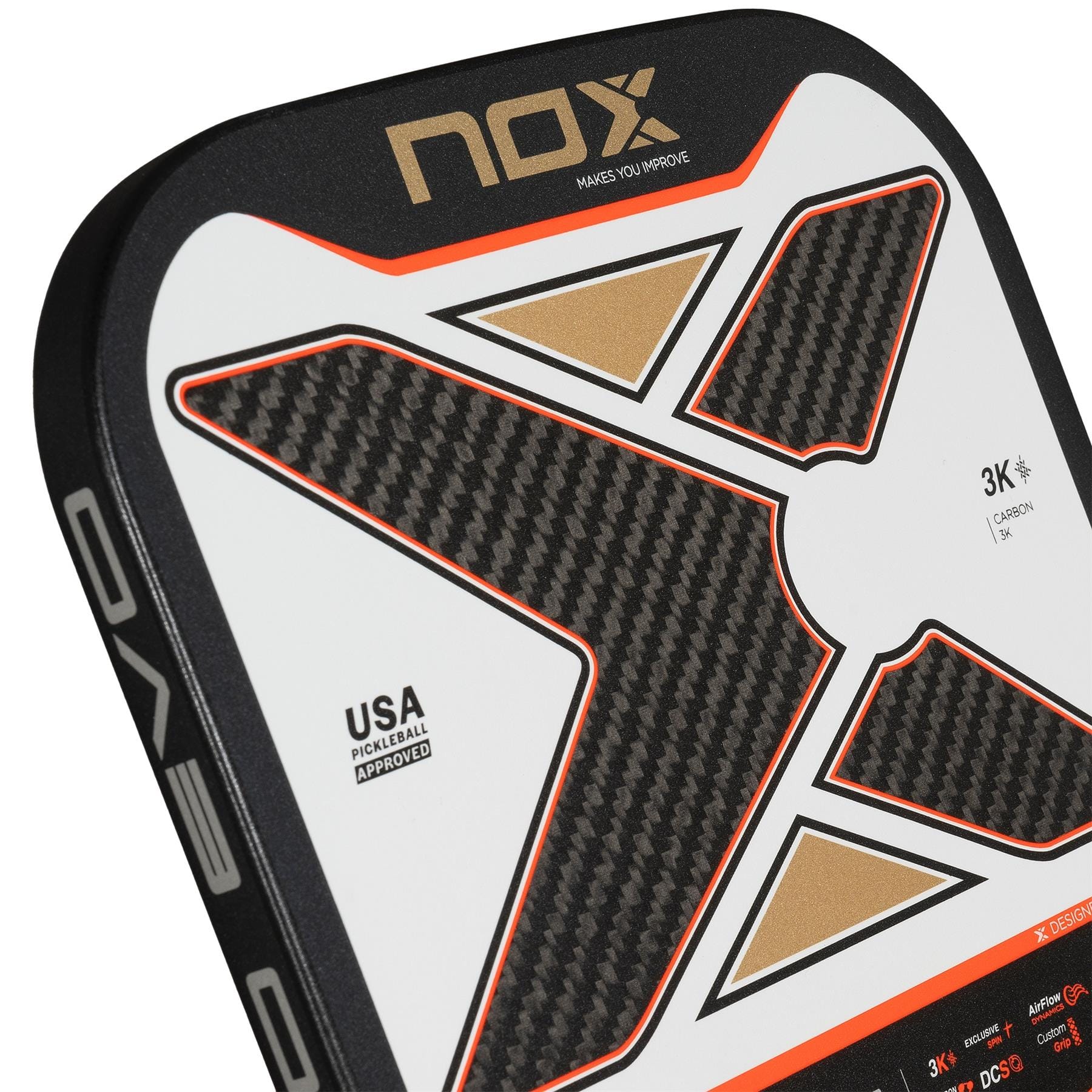 Close-up of the NOX Pro Evo Pickleball Paddle - Black / Red by NOX, featuring a bold "X" design, Ultra Power Core, and Exclusive Spin technology. Text notes it is USA Pickleball approved.