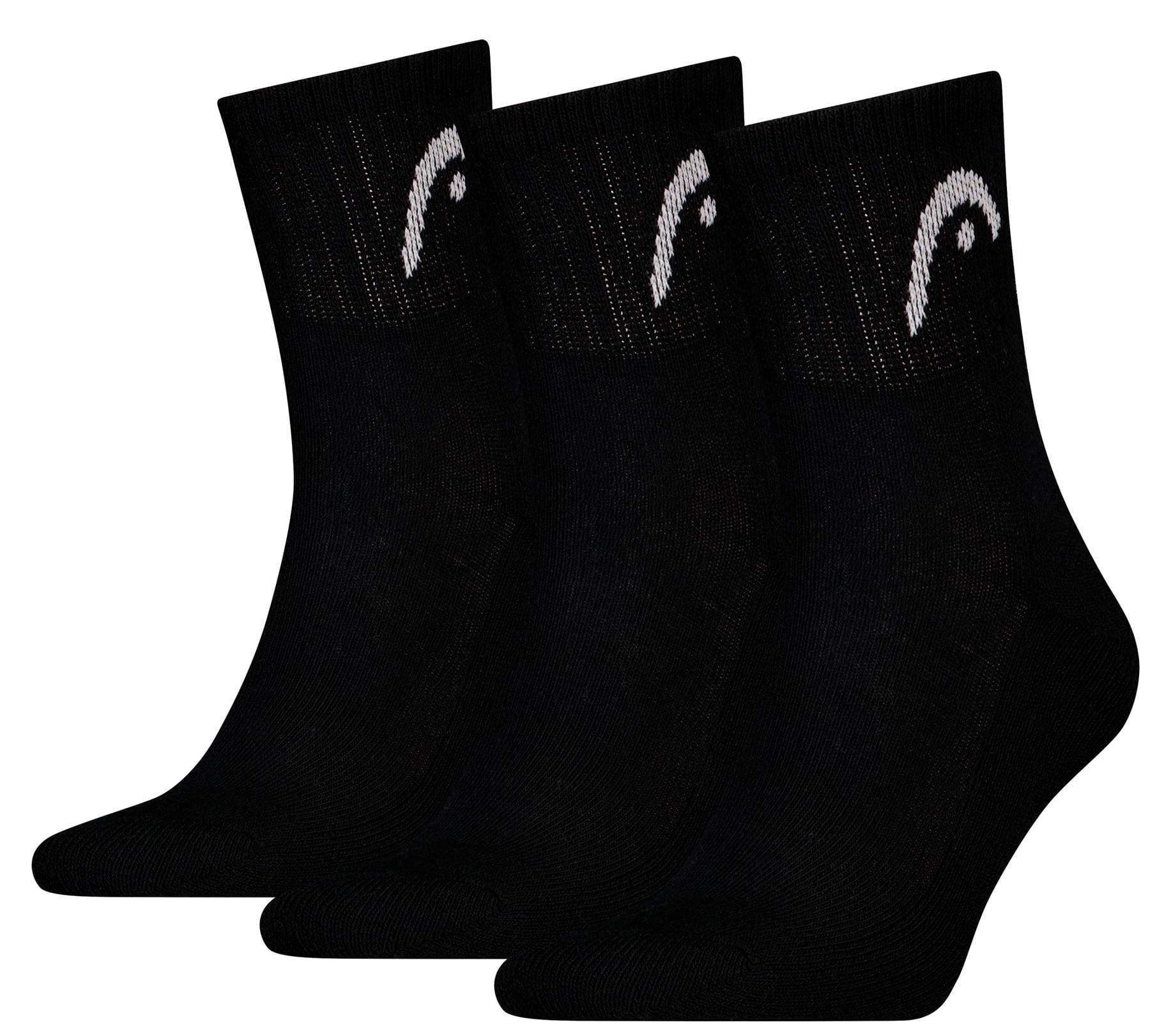 The HEAD Club Short Crew Tennis Socks - Black (3 Pack) by HEAD feature black ankle socks with a white curved logo on ribbed cuffs, cushioned soles, and an all-day comfortable fit. Arranged side by side on a white background.