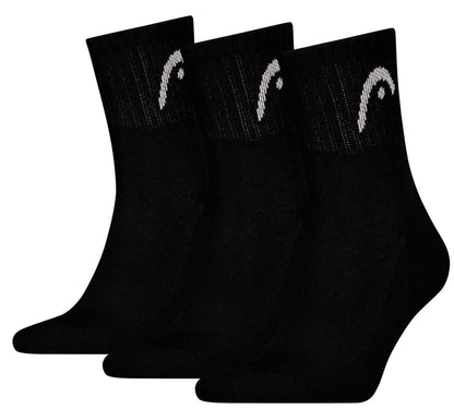 The HEAD Club Short Crew Tennis Socks - Black (3 Pack) by HEAD feature black ankle socks with a white curved logo on ribbed cuffs, cushioned soles, and an all-day comfortable fit. Arranged side by side on a white background.