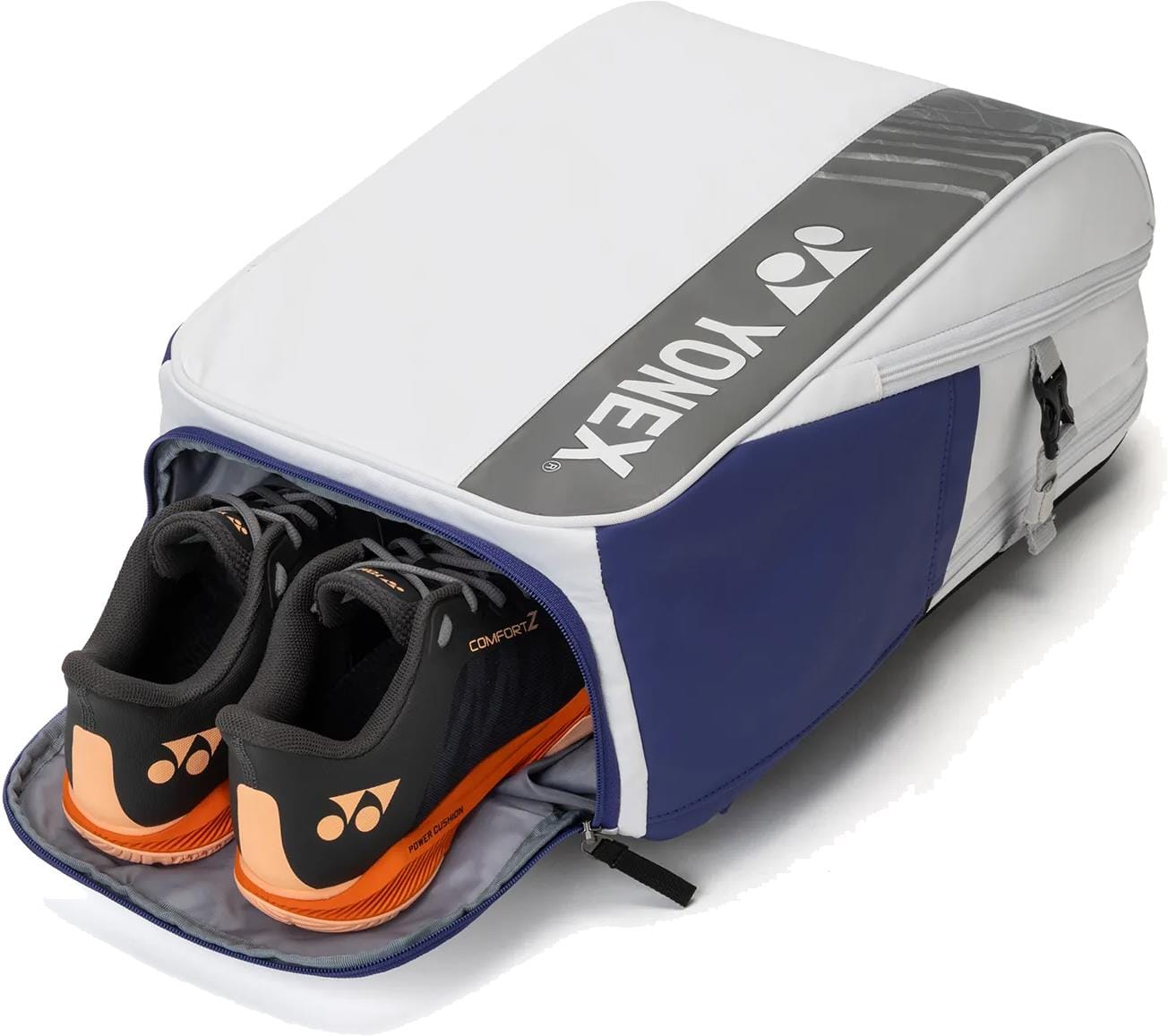 The Yonex BA52512EX Club Tennis Backpack in white and blue features a side zipper compartment, partially open to reveal Yonex sports shoes inside—highlighting the brand’s spacious and durable tennis bag design.