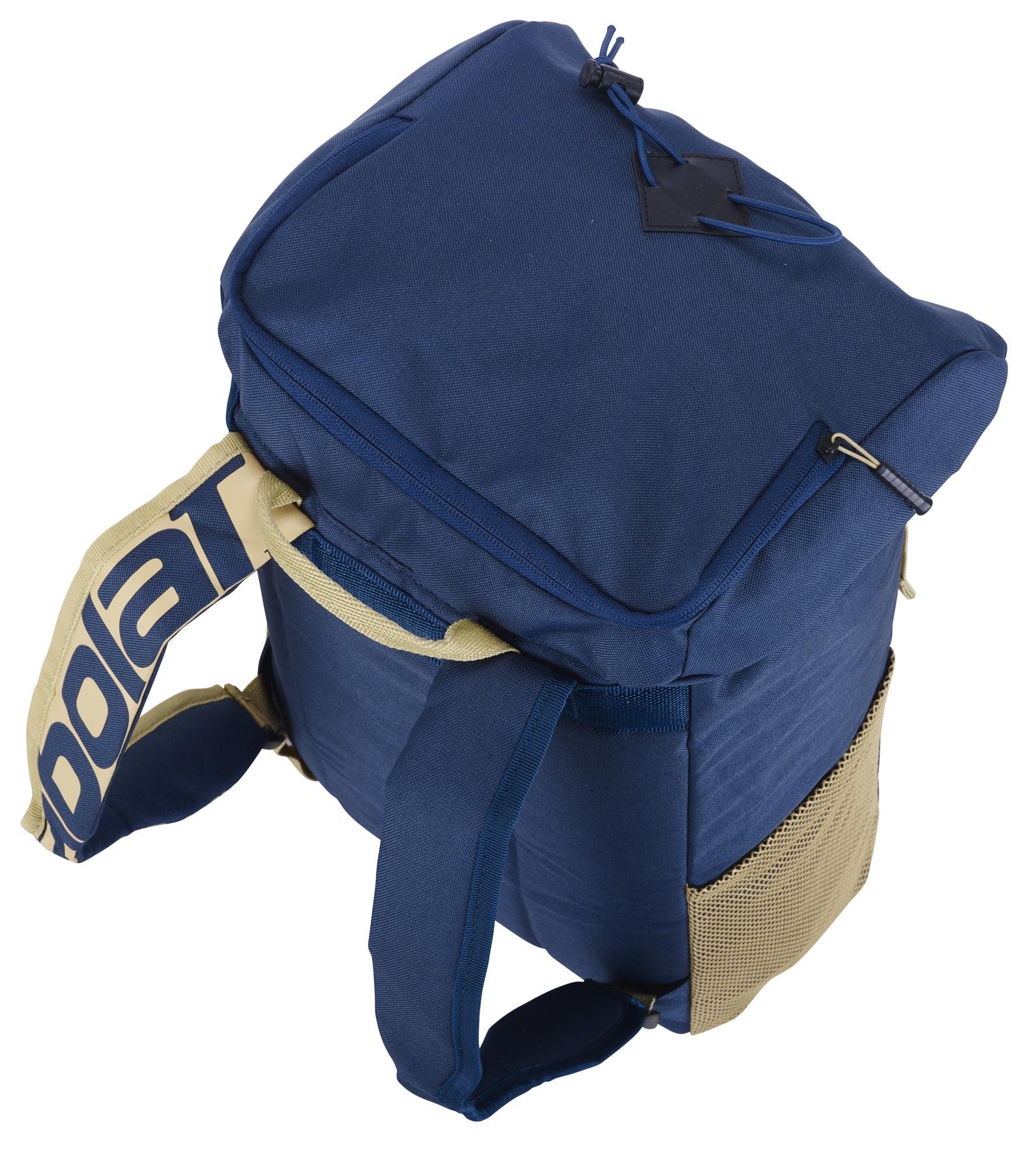 The Babolat Classic Backpack in dark blue, designed by Babolat, includes beige straps and is crafted from recycled PET. It features a mesh side pocket for easy carrying and a zippered top compartment to safely store your items, making it perfect for transporting tennis essentials.