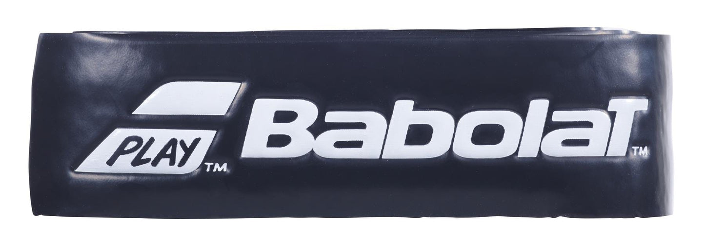 The Babolat XCEL Gel X1 Replacement Tennis Grip in black, featuring white text displaying the Babolat logo and "PLAY," ensures maximum comfort.