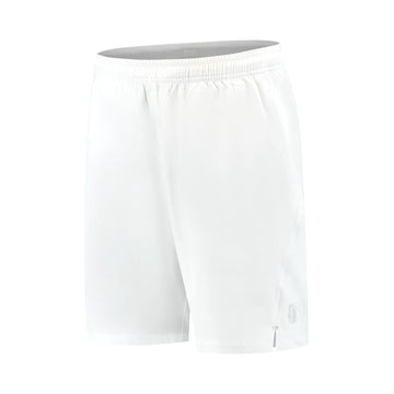 K-Swiss Hypercourt 7" Men's Tennis Shorts in white feature an elastic waistband, subtle logo near the hem, and high-quality four-way stretch polyester. The smooth, slightly shiny fabric is perfect for sports or casual wear, with a knee-length cut and simple design.