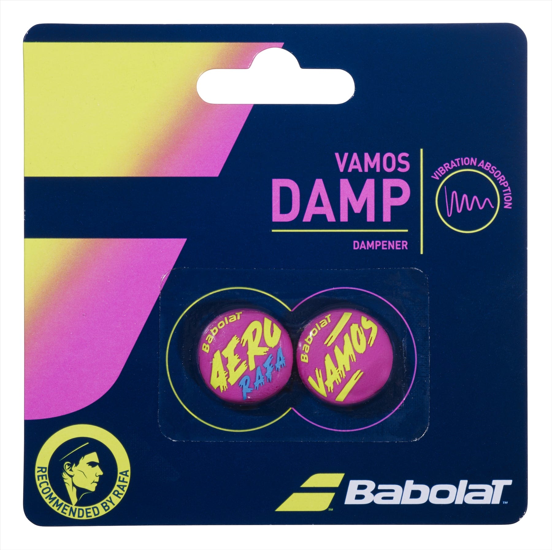 The Babolat Aero Rafa Vamos Damp X2 tennis dampeners come in packaging that features two dampeners in pink and yellow, displaying the text "Aero Rafa" and "Vamos," with endorsement indicated by a figure on the package.