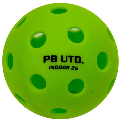 The Pickleball United Freedom 26 Indoor Pickleball Ball (12 Ball) – Green is a durable TPU ball with multiple holes and "PB UTD. INDOOR 26" printed in black, ideal for indoor play.