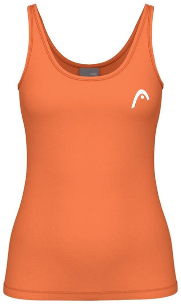 The HEAD Spirit II Women's Tennis Tank Top in vibrant orange boasts a scoop neckline and a small white logo on the upper left. Made with moisture-transfer microfiber and cooling technology, it ensures comfort both on and off the court.
