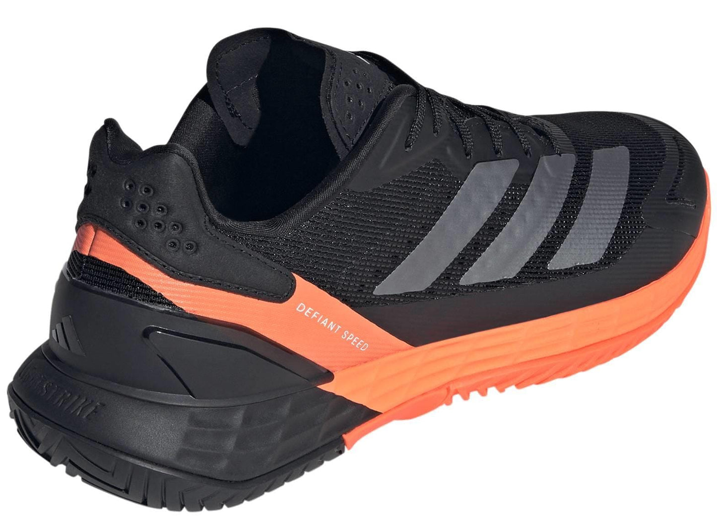 The adidas ADIDAS Defiant Speed 2 Men's Tennis Shoes in Black/Orange feature gray stripes, a textured heel, and "DEFIANT SPEED" on the side—lightweight and ideal for fast-paced matches.