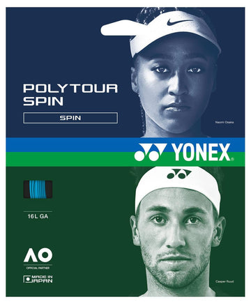 The Yonex Polytour Spin Tennis String (12m) - Cobalt Blue package is divided into two sections: the blue upper half showcases Naomi Osaka wearing a sports headband, while the green lower half features Casper Ruud. Made from polyester tennis string by Yonex, it promises excellent spin. The packaging emphasizes specifications and branding.