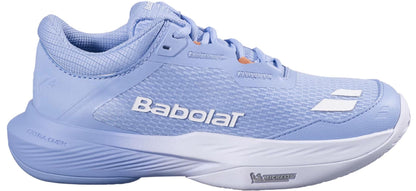 The Babolat SFX 4 All Court Womens Tennis Shoes in Forever Blue feature a light blue mesh upper, white sole, low-cut design, and white Babolat logo—blending comfort and performance for athletes.