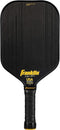 The Franklin Carbon STK 14.5mm Pickleball Paddle in black features a carbon fiber surface, black handle, yellow Franklin branding, and "USA Pickleball Approved" printed near the neck.