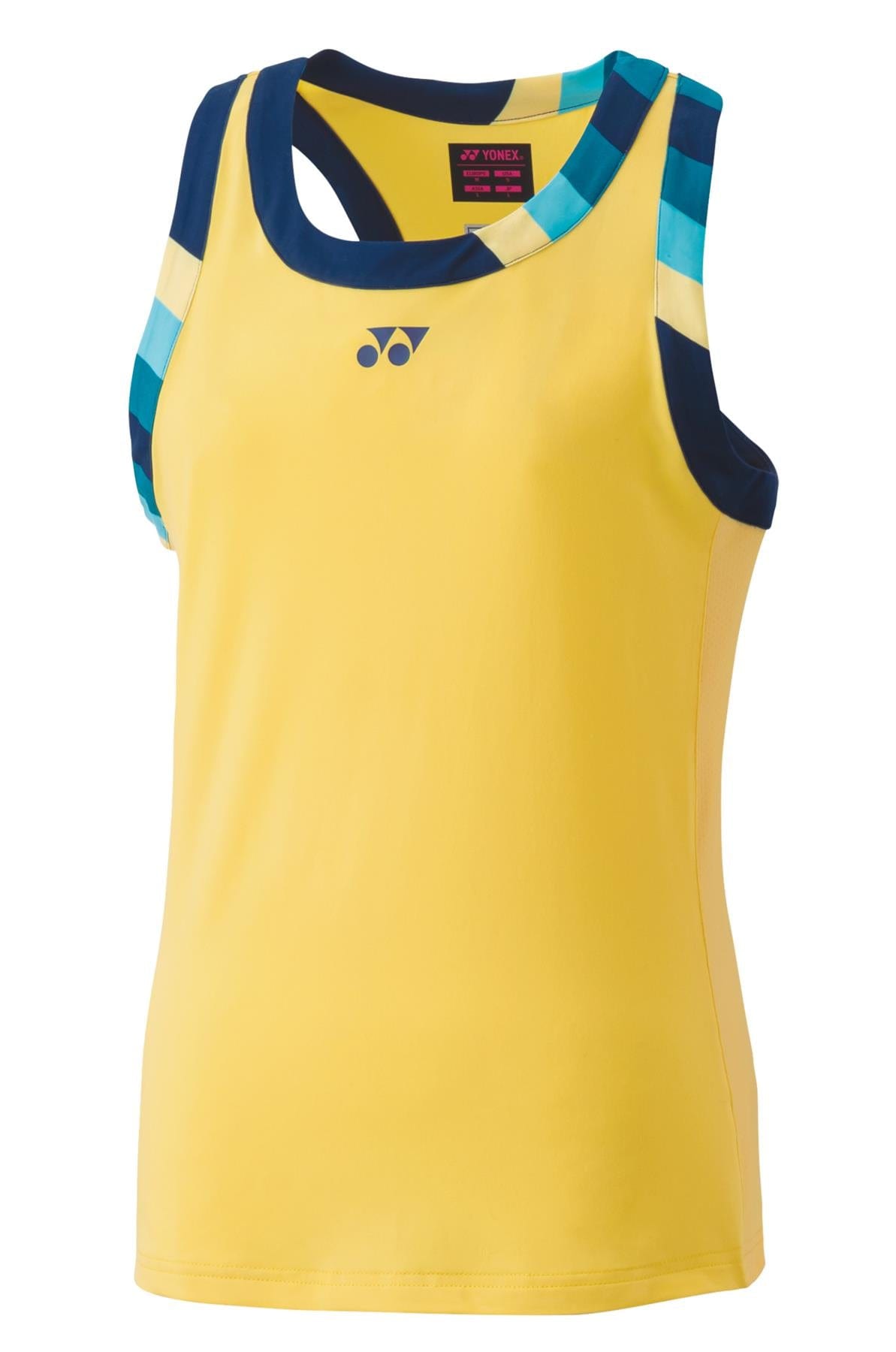 The Yonex 20753EX Women's Tennis Tank Top in soft yellow showcases blue and turquoise accents on the shoulders and collar. Designed with VeryCool technology, it provides a smooth, lightweight feel along with UV Reduction. The classic Yonex logo is printed on the chest.