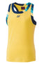 The Yonex 20753EX Women's Tennis Tank Top in soft yellow showcases blue and turquoise accents on the shoulders and collar. Designed with VeryCool technology, it provides a smooth, lightweight feel along with UV Reduction. The classic Yonex logo is printed on the chest.