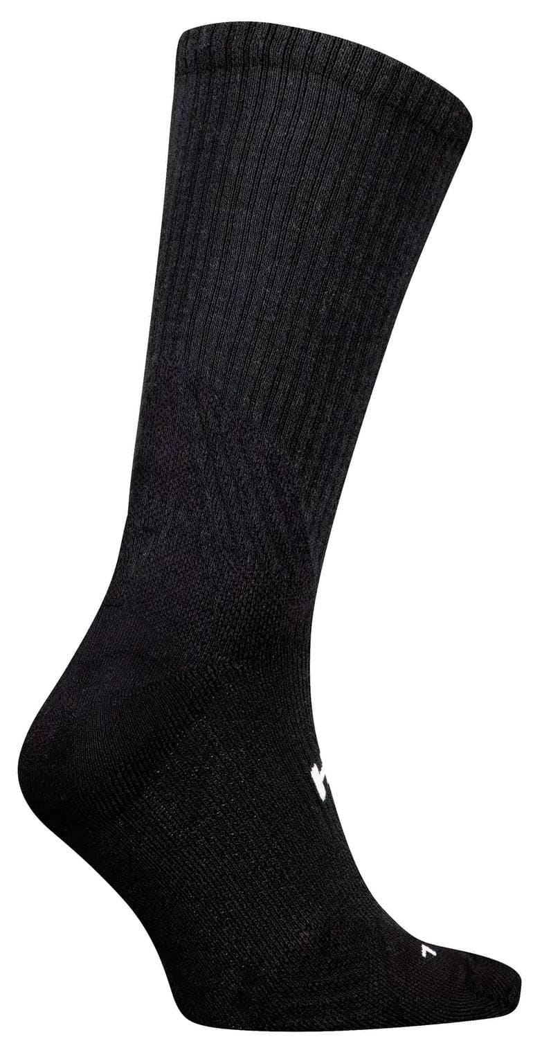The HEAD Crew Tennis Socks - Black is shown upright against a white background, featuring ribbed top, moisture-wicking fabric, a smooth reinforced foot area, and small white HEAD branding near the toe.