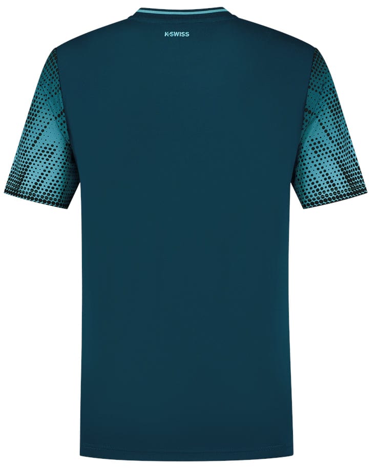 Back view of the K-Swiss Hypercourt Print Crew 3 Tennis T-Shirt in Blue Opal, featuring short sleeves and a subtle logo at the neck. The sleeves showcase a dotted pattern that transitions from black to teal, embodying the signature flair of K-Swiss Hypercourt design.