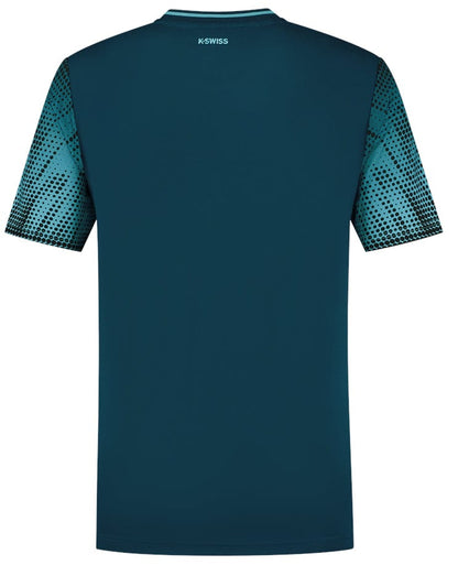 Back view of the K-Swiss Hypercourt Print Crew 3 Tennis T-Shirt in Blue Opal, featuring short sleeves and a subtle logo at the neck. The sleeves showcase a dotted pattern that transitions from black to teal, embodying the signature flair of K-Swiss Hypercourt design.