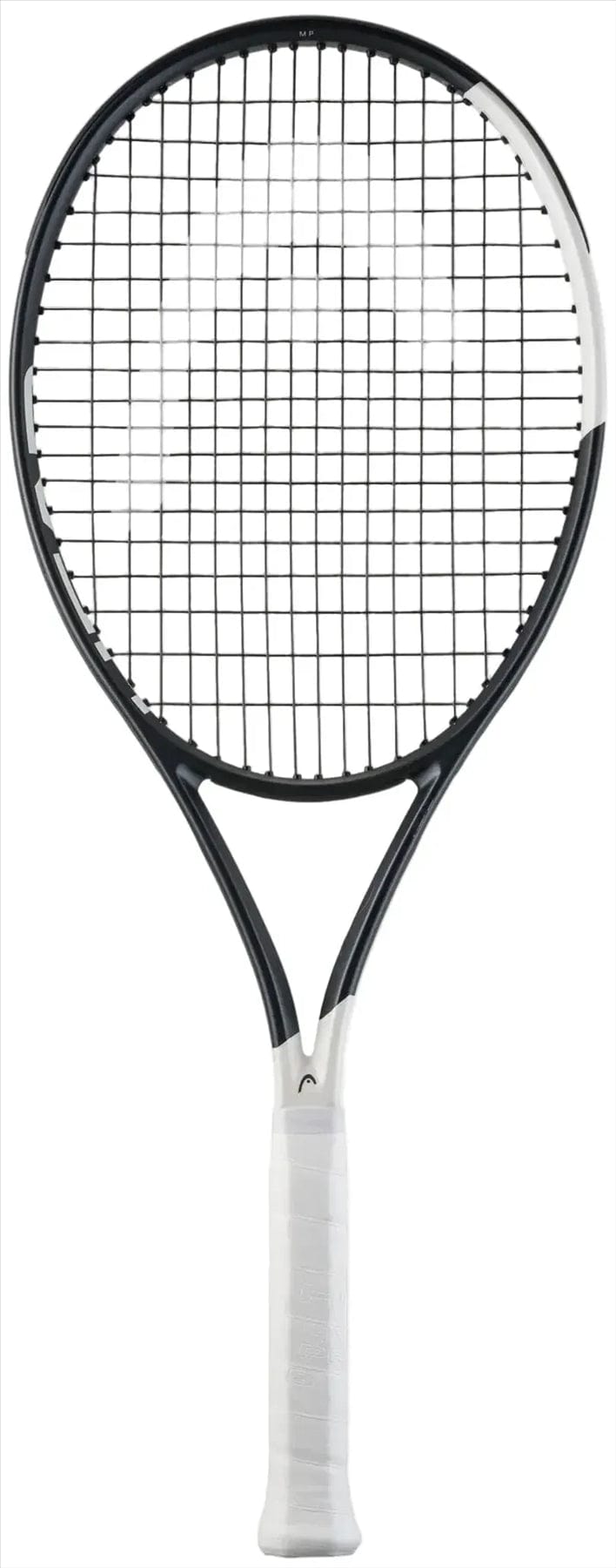 The HEAD Speed MP 2026 Tennis Racket in black and white, featuring a white grip, is perfect for intermediate and advanced players. Photographed on a plain white background.