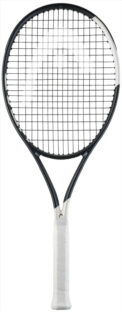 The HEAD Speed MP 2026 Tennis Racket in black and white, featuring a white grip, is perfect for intermediate and advanced players. Photographed on a plain white background.
