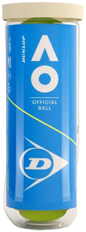 A blue cylindrical tube labeled "Dunlop Australian Open 2025 Tennis Balls" features white and yellow graphics, highlighting their status as the official Grand Slam tennis balls of the Australian Open. Contains 3 balls per tube.