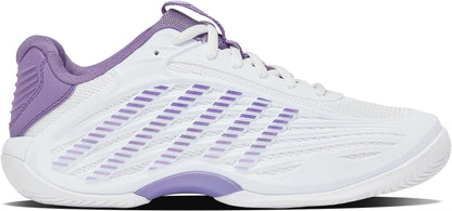 The K-Swiss Hypercourt Express 3 Women’s Tennis Shoes in White/Purple Haze/Lunar Rock feature purple accents and stripes, breathable mesh, white laces, and a Surgelite+ midsole for comfort and cushioning—ideal for tennis-inspired style.