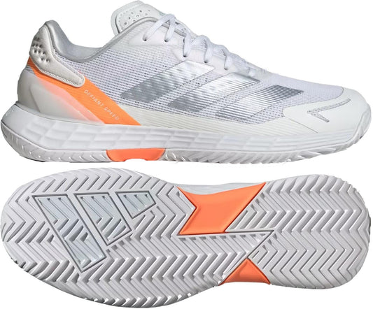 The adidas Defiant Speed 2 Women's Tennis Shoes in Cloud White, Halo Blue, and Beam Orange feature a mesh upper, silver accents, orange details, and a patterned rubber outsole for lightweight support—shown here in top and bottom views.