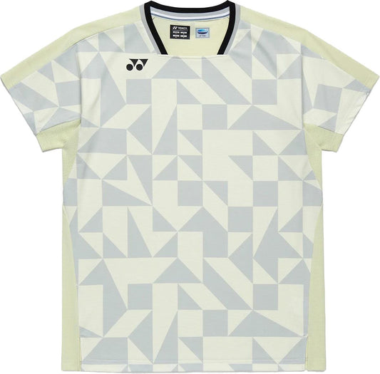 The Yonex 10712YX Crew Neck Men's Tennis T-Shirt in Champagne features short sleeves, a geometric pale gray and beige pattern, black-trimmed neckline, small black logo on the chest, and is designed for sports performance.