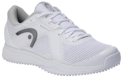 The HEAD Sprint Pro 4.0 Women's Grass Court Tennis Shoes in white/grey feature a breathable mesh upper, gray accents, white laces, and a gray side logo—ideal for tennis or everyday comfort.
