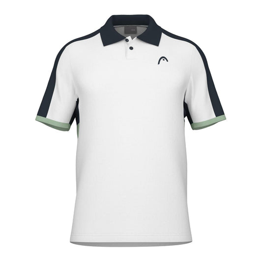 The HEAD Performance Play Tech Mens Polo Shirt - WHCE from HEAD showcases a unique design with black shoulders and sleeves accented by green edges. Made with moisture transfer microfiber, it ensures maximum comfort. A subtle black logo is placed on the left chest area for a touch of style.