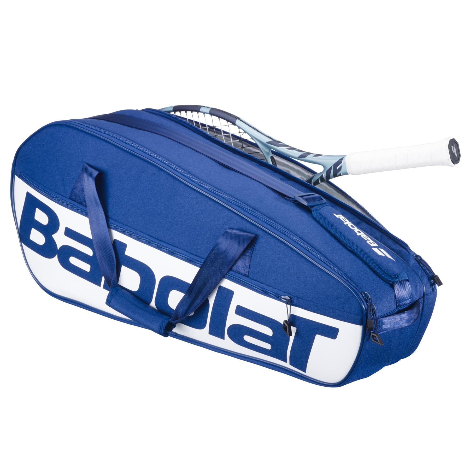 A dark blue Babolat Court M 6 Racket Tennis Bag by Babolat, made from recycled PET, features a tennis racquet partly visible with its handle and frame sticking out for a stylish look.