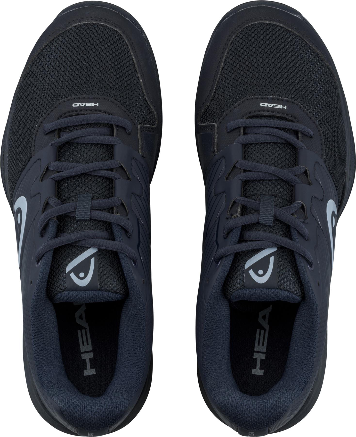 A pair of women's tennis shoes from HEAD, the Revolt Court model, featuring a blueberry and light blue design with laces. The shoes display the brand's logo on both the tongues and sides. Crafted with a breathable mesh upper for lightweight comfort, they are positioned side by side to showcase a top-down view of this stylish design.