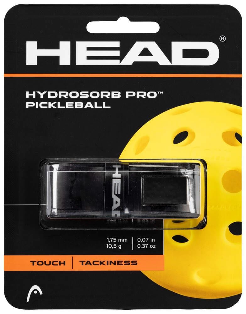 The HEAD Hydrosorb Pro Replacement Pickleball Grip - Black is shown with a yellow pickleball image in the background, highlighting sweat absorption, touch, tackiness, 1.75 mm thickness, and 10.5 g weight.