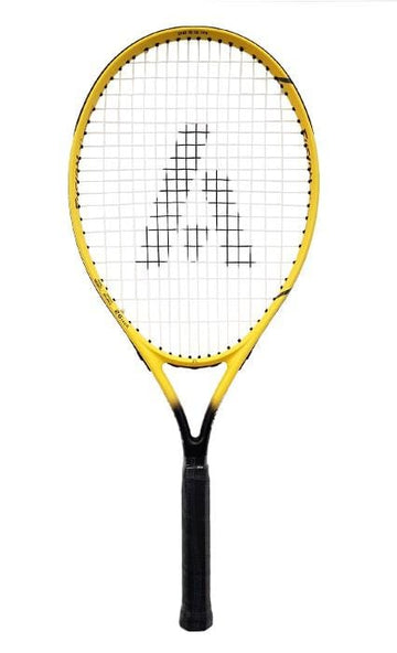 An Ashaway Fusion Power 2600 tennis racket in yellow, adorned with an "A" logo at the center of its strings, is displayed on a plain white background. It's an excellent choice for beginners looking to combine style and performance on the court.