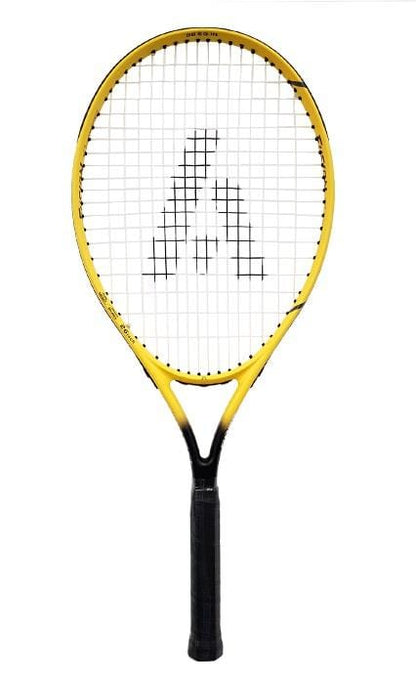 An Ashaway Fusion Power 2600 tennis racket in yellow, adorned with an "A" logo at the center of its strings, is displayed on a plain white background. It's an excellent choice for beginners looking to combine style and performance on the court.