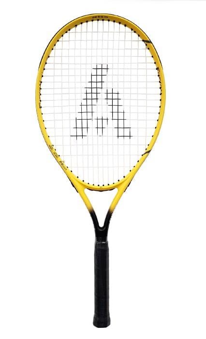 An Ashaway Fusion Power 2600 tennis racket in yellow, adorned with an "A" logo at the center of its strings, is displayed on a plain white background. It's an excellent choice for beginners looking to combine style and performance on the court.