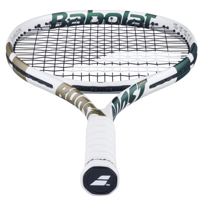 The Babolat Boost Wimbledon 2025 Tennis Racket in White/Champagne Green is shown from the handle, highlighting its black string pattern and the Babolat logo on the end cap. Made of graphite composite for improved performance.