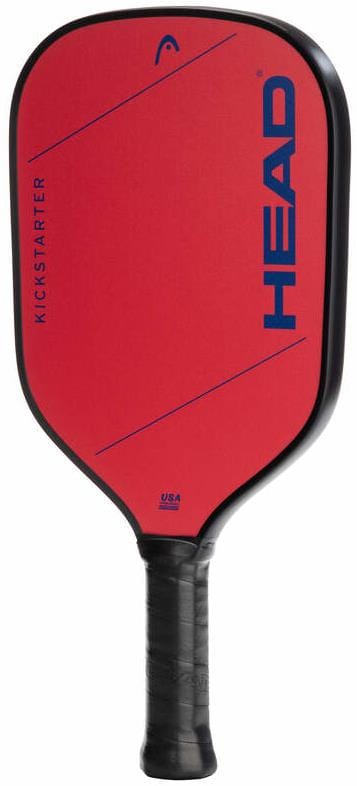 The HEAD Kickstarter Red Pickleball Paddle features a black handle and edges, with "KICKSTARTER" in vertical text and bold blue "HEAD" branding—an ideal entry-level paddle for beginners.