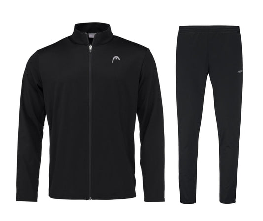 The HEAD Club Men's Easy Court Tracksuit in black, designed for tennis enthusiasts, includes a zip-up jacket and pants. The jacket has a small logo on the left chest, and the pants feature it on the upper left thigh. Both pieces are made with moisture transfer microfiber and offer a sleek, simple design.