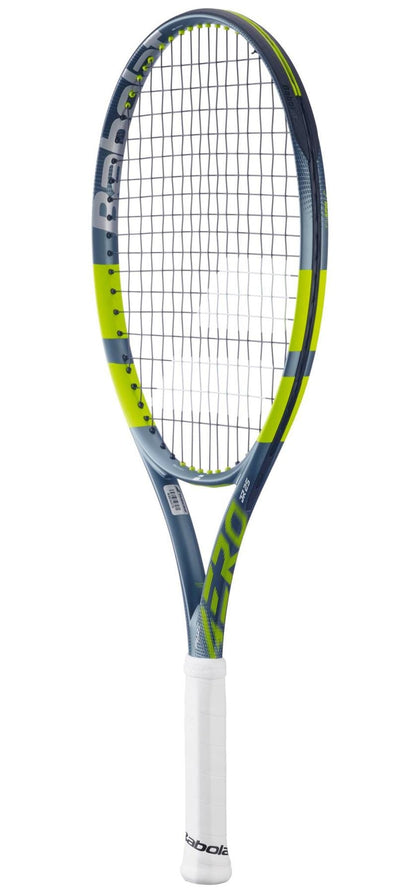 The Babolat Pure Aero Junior 25 Tennis Racket 2026 by Babolat, featuring a blue and yellow frame with a white grip and strings, stands upright against a white background, highlighting its spin technology for young players.
