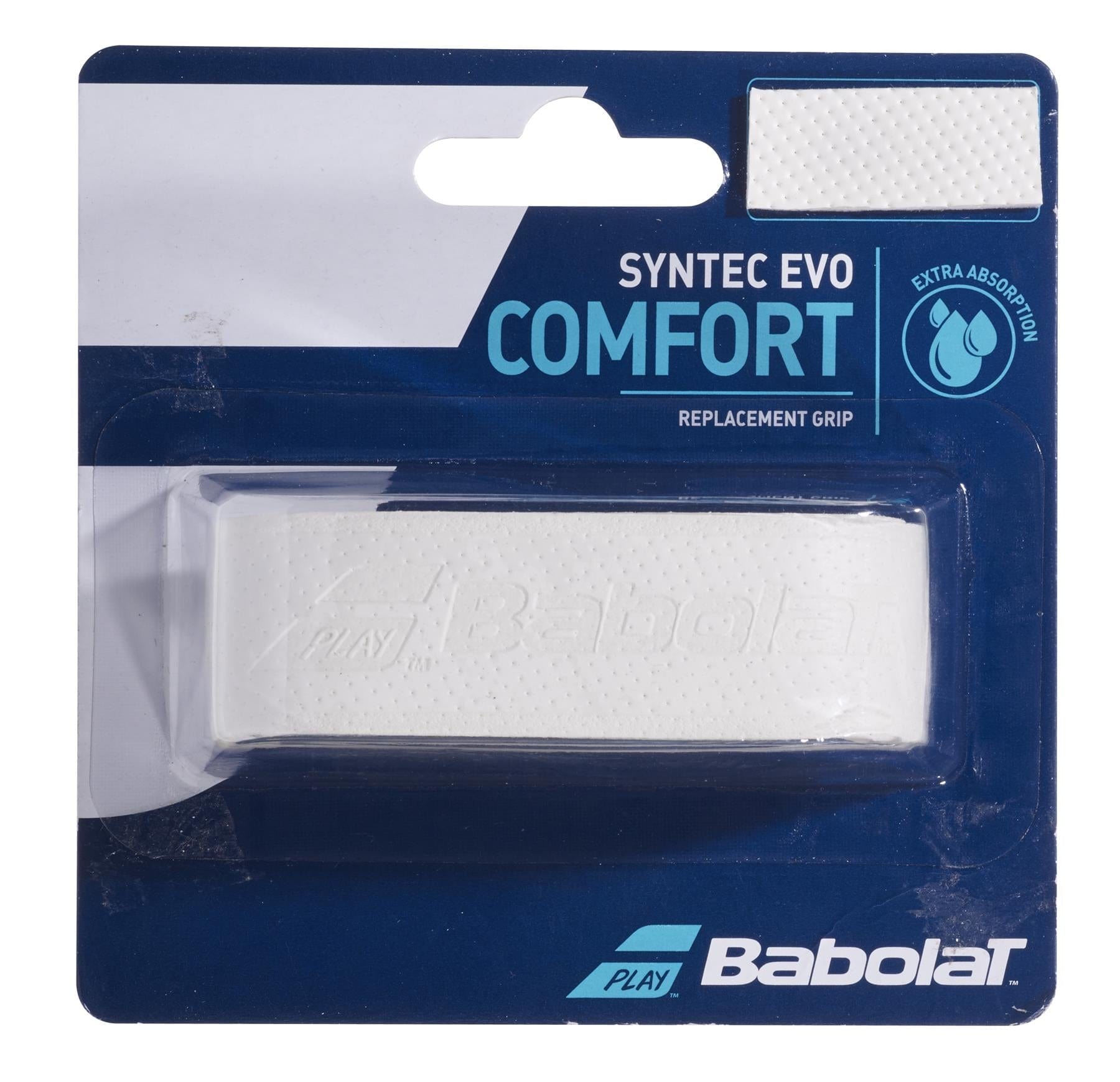 The packaging for the Babolat Syntec Evo X1 Replacement Tennis Grip - White is stylishly designed in blue and white. It displays an image of the grip along with icons that emphasize "extra absorption." Perfect for tennis rackets, it prominently features the Babolat logo at the bottom.