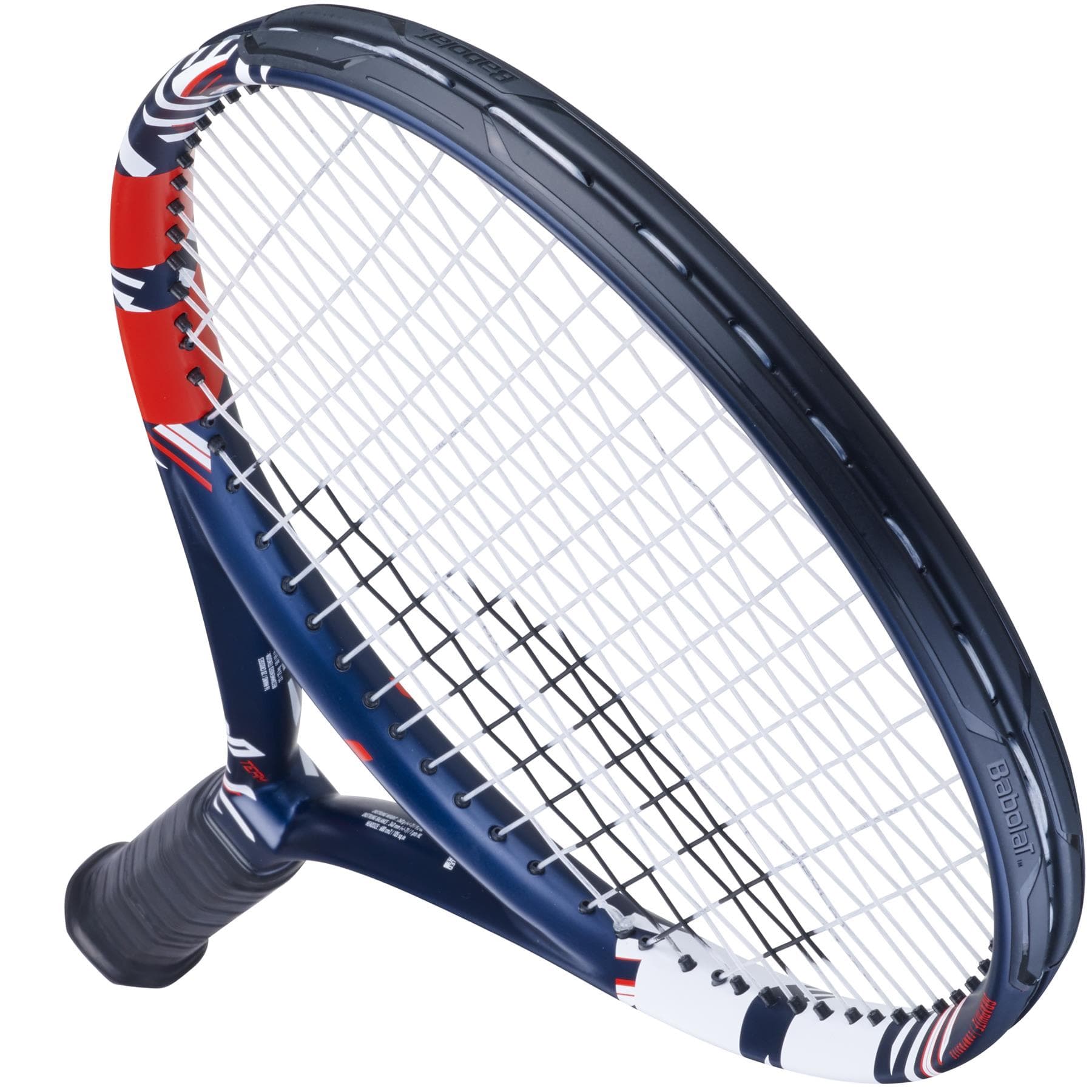 The Babolat Pulsion Team Tennis Racket - Blue from Babolat features a sleek design with blue, red, and white accents on the frame. It delivers impressive power thanks to its tightly strung strings and includes a black grip handle. Displayed diagonally against a white background, it's ideal for commanding performance on the court.