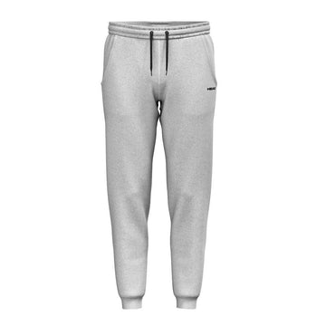 HEAD Club Original Mens Tennis Pants - Grey by HEAD feature French terry fabric, an elastic waistband with black drawstrings, side pockets, ribbed cuffs, and “HUMBLE” in small black letters on the left thigh.