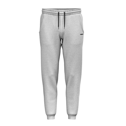 HEAD Club Original Mens Tennis Pants - Grey by HEAD feature French terry fabric, an elastic waistband with black drawstrings, side pockets, ribbed cuffs, and “HUMBLE” in small black letters on the left thigh.