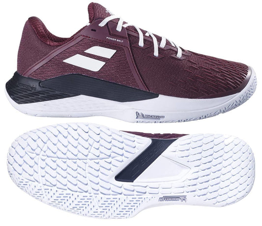 The Babolat Propulse Fury 3 Men's Tennis Shoes in Port Royale feature a maroon design with white accents and laces, plus a textured white sole with a black midfoot section for added lateral support.