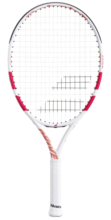 The Babolat Drive Junior 23 Tennis Racket by Babolat, featuring red accents, a white grip, and tightly strung strings, is shown against a plain white background.